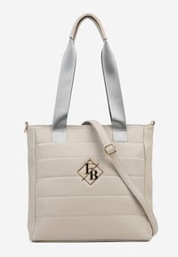Renee - Szara Torebka Typu Shopper z Paskiem Crossbody i Aplikacją Zdobiona Pikowaniem Fleomira. Kolor: szary. Wzór: aplikacja. Dodatki: z aplikacjami. Materiał: zdobione, pikowane. Styl: biznesowy