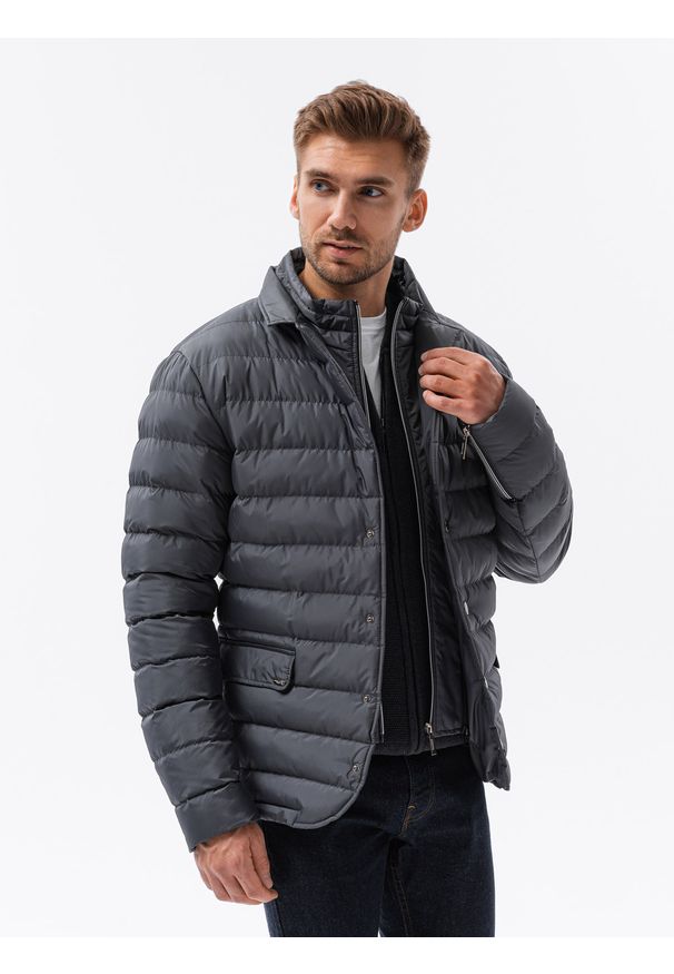 Ombre Clothing - Kurtka męska zimowa C445 - szara - XXL. Typ kołnierza: kołnierzyk stójkowy, kołnierz rewers. Kolor: szary. Materiał: nylon, materiał, poliester. Sezon: zima. Styl: klasyczny