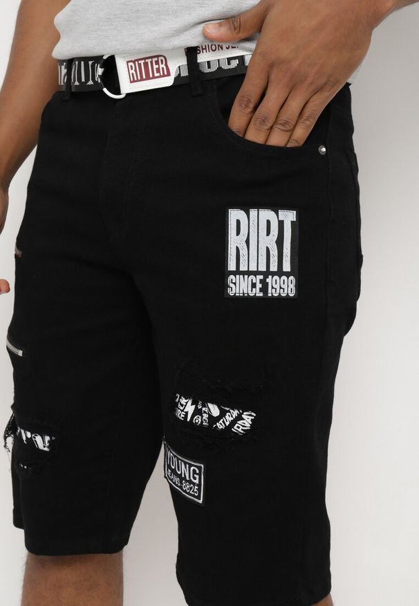 Born2be - Czarne Bawełniane Szorty Ozdobione Przetarciami i Suwakami z Materiałowym Paskiem z Klamrą Francia. Kolor: czarny. Materiał: bawełna, materiał. Wzór: aplikacja. Styl: klasyczny, elegancki