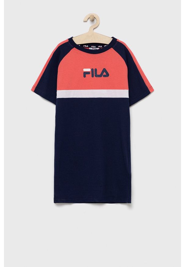 Fila sukienka bawełniana dziecięca kolor granatowy mini oversize. Kolor: niebieski. Materiał: bawełna. Długość rękawa: raglanowy rękaw. Wzór: nadruk. Typ sukienki: oversize. Długość: mini
