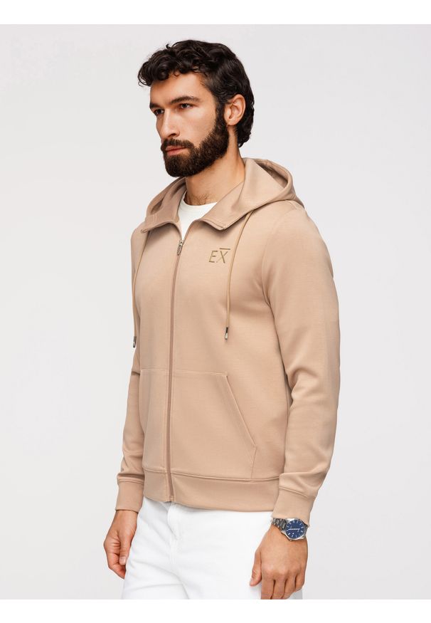 Ombre Clothing - Rozpinana bluza męska z kapturem z gładkiej dzianiny - beżowa V3 - Rozmiar: XXL. Okazja: na co dzień, na spacer, do pracy. Typ kołnierza: kaptur. Kolor: beżowy. Materiał: dzianina. Wzór: gładki. Styl: casual, sportowy