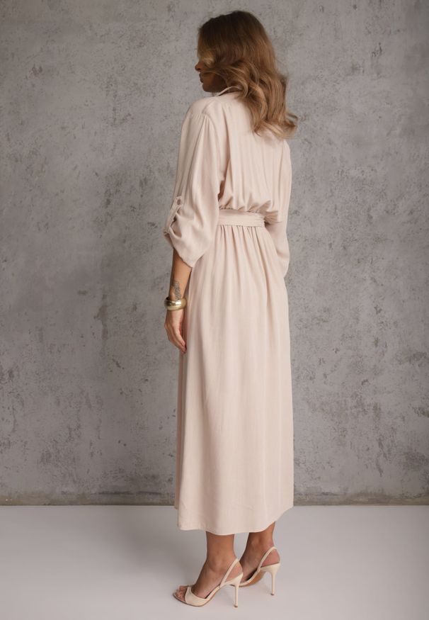 Renee - Jasnobeżowa Koszulowa Sukienka Utility z Bawełny z Wiązanym Paskiem w Talii Retona. Okazja: na co dzień. Kolor: beżowy. Materiał: bawełna. Sezon: lato. Typ sukienki: koszulowe. Styl: boho, glamour, casual