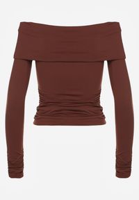 Renee - Brązowa Marszczona Bluzka Hiszpanka Vices z Wywiniętym Dekoltem Termola. Okazja: na co dzień. Typ kołnierza: dekolt hiszpanka. Kolor: brązowy. Materiał: jeans. Styl: casual #4