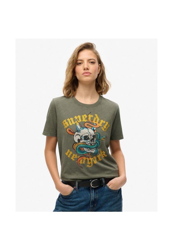 Superdry - Luźna koszulka Neo Trad Tattoo. Kolor: zielony. Materiał: bawełna