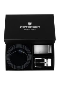 Zestaw prezentowy: dwustronny pasek skórzany w granatowym i czarnym kolorze Peterson PTN KL-B005S001 N. Kolor: czarny, niebieski, wielokolorowy. Materiał: skóra. Styl: elegancki #1