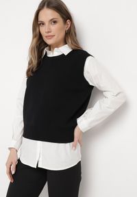 Born2be - Czarna Kamizelka z Prążkowanej Dzianiny z Klasyczną Koszulą Verisande. Okazja: na co dzień. Kolor: czarny. Materiał: dzianina, prążkowany. Styl: klasyczny #6