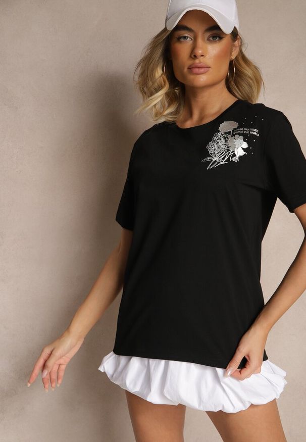Renee - Czarny Bawełniany T-shirt z Ozdobnym Nadrukiem i Cyrkoniami Teomala. Kolor: czarny. Materiał: bawełna. Wzór: nadruk. Styl: klasyczny, elegancki