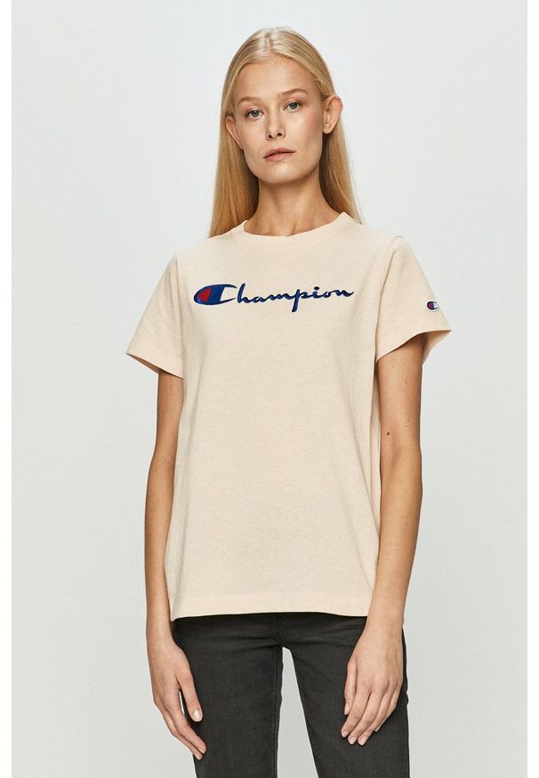 Champion - T-shirt 110992.. Okazja: na co dzień. Kolor: beżowy. Materiał: dzianina. Wzór: aplikacja. Styl: casual