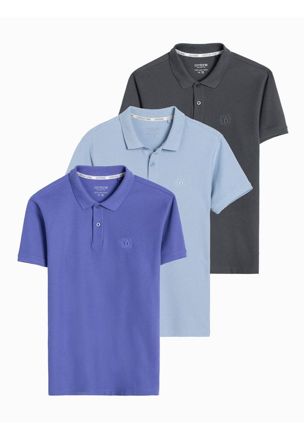 Ombre Clothing - Zestaw koszulek męskich polo z dzianiny pique 3-pak - mix V20. Okazja: na co dzień. Typ kołnierza: polo. Kolor: niebieski. Materiał: dzianina. Wzór: haft, aplikacja. Sezon: wiosna, lato. Styl: klasyczny, sportowy, wizytowy, casual