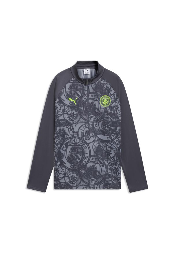 Puma - Młodzieżowa koszulka na rozgrzewkę Manchester City z zamkiem 1/4 PUMA. Kolor: szary, wielokolorowy, zielony. Sport: piłka nożna