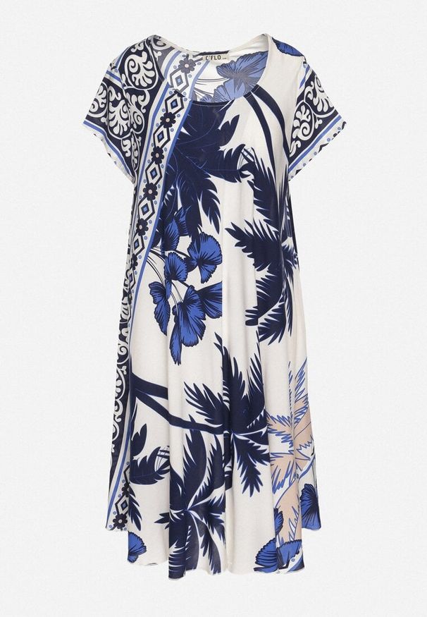 Born2be - Granatowa Sukienka z Wiskozy o Rozkloszowanym Kroju w Roślinny Wzór Miratiela. Okazja: na co dzień. Kolor: niebieski. Materiał: wiskoza. Długość rękawa: krótki rękaw. Sezon: wiosna, lato. Styl: casual, elegancki