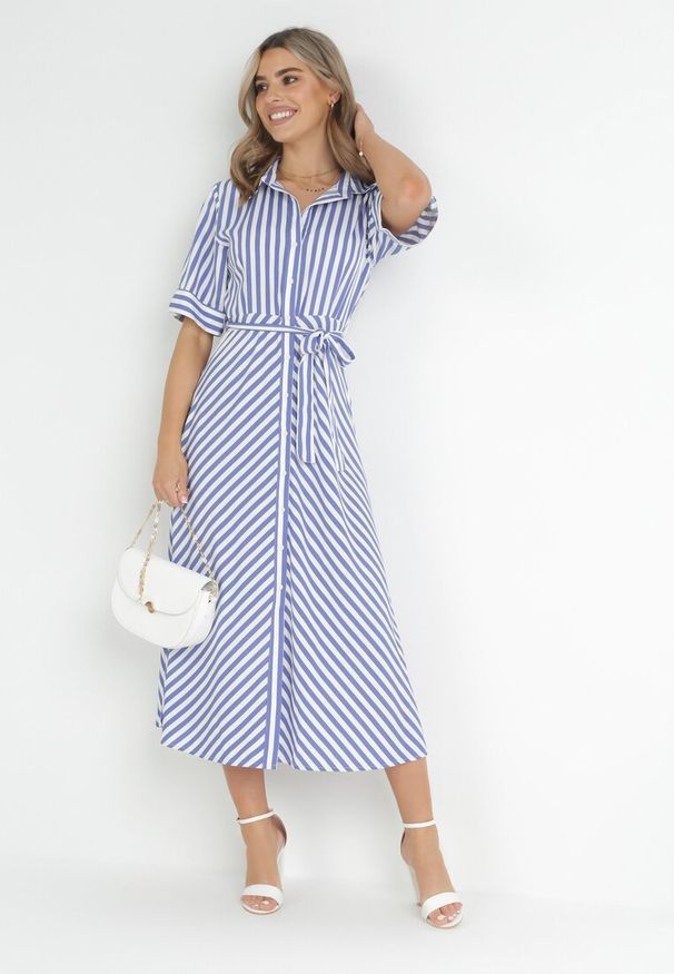 Born2be - Niebieska Koszulowa Sukienka z Wiskozy w Paski Wiązana w Talii Nevia. Kolor: niebieski. Materiał: wiskoza. Długość rękawa: krótki rękaw. Wzór: paski. Typ sukienki: koszulowe. Styl: elegancki. Długość: maxi