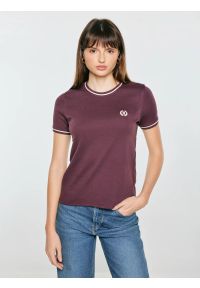 Big-Star - koszulka damska z kontrastowym wykończeniem bordowa lemoure 604. Okazja: na co dzień. Kolor: czerwony. Materiał: dzianina. Wzór: haft. Styl: casual #1