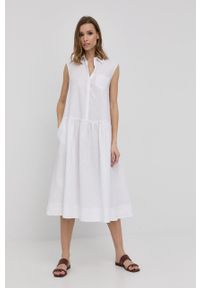 Max Mara Leisure sukienka lniana kolor biały midi rozkloszowana. Kolor: biały. Materiał: len. Długość rękawa: na ramiączkach. Typ sukienki: rozkloszowane. Długość: midi