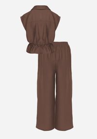 Born2be - Brązowy Wiskozowy Komplet w Stylu Safari Spodnie i Bluzka na Suwak z Wiązaniem Iphisei. Kolor: zielony. Materiał: wiskoza #4