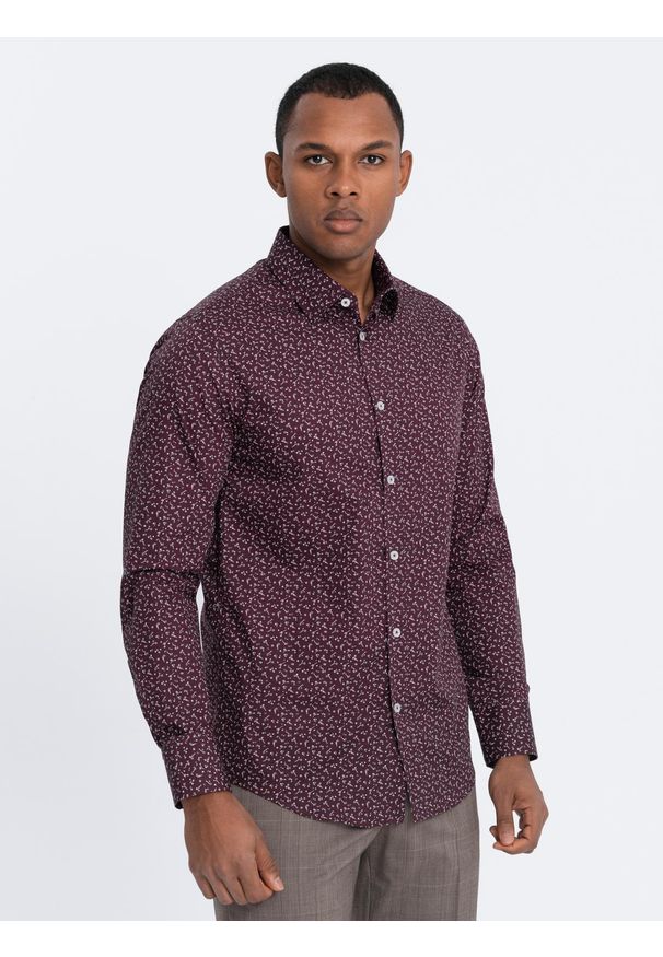 Ombre Clothing - Koszula męska bawełniana we wzory SLIM FIT - bordowa V5. Kolor: czerwony. Materiał: bawełna. Styl: klasyczny