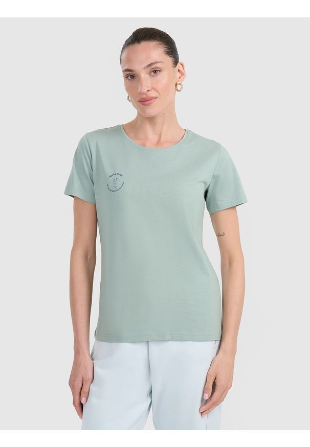 4f - 4F T-shirt regular z nadrukiem damski - turkusowy XL. Okazja: na co dzień. Kolor: turkusowy. Materiał: bawełna, materiał. Wzór: nadruk. Styl: casual