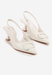 Renee - Białe Sandały na Szpilce Kaczuszce Slingback z Geometryczną Aplikacją Melanoriel. Nosek buta: otwarty. Kolor: biały. Wzór: aplikacja, geometria. Sezon: lato. Obcas: na szpilce. Wysokość obcasa: średni