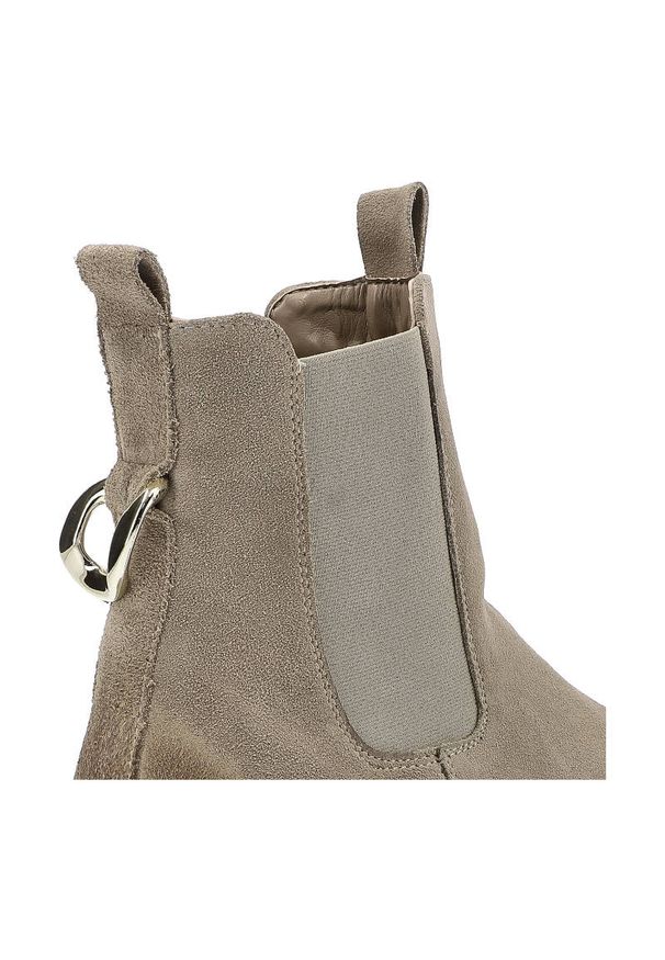 Beżowe Botki Dwunasty Shoes Damskie Stylowe Buty. Kolor: beżowy. Materiał: zamsz, skóra, materiał. Szerokość cholewki: normalna. Sezon: jesień, zima. Obcas: na obcasie. Styl: elegancki. Wysokość obcasa: niski