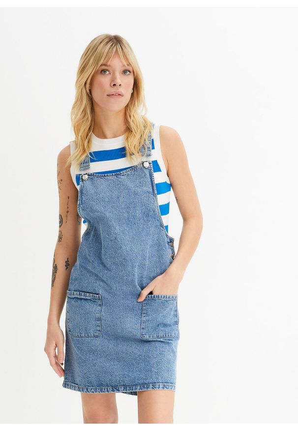bonprix - Sukienka dżinsowa ogrodniczka. Kolor: niebieski. Materiał: denim
