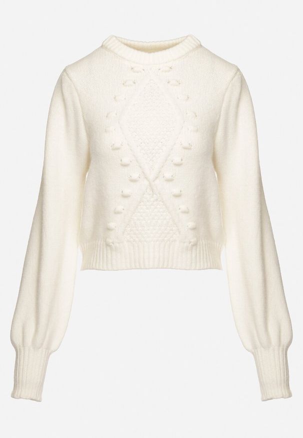 Born2be - Biały Wiskozowy Sweter ze Ściągaczami na Rękawach i Ozdobnym Tłoczeniem Hariga. Okazja: na co dzień. Kolor: biały. Materiał: wiskoza. Długość rękawa: długi rękaw. Długość: długie. Styl: casual, klasyczny, elegancki