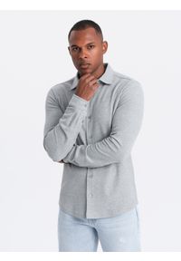 Ombre Clothing - Męska koszula dzianinowa SLIM FIT z długim rękawem – szara V5. Kolor: czarny. Materiał: dzianina. Długość rękawa: długi rękaw. Długość: długie #6