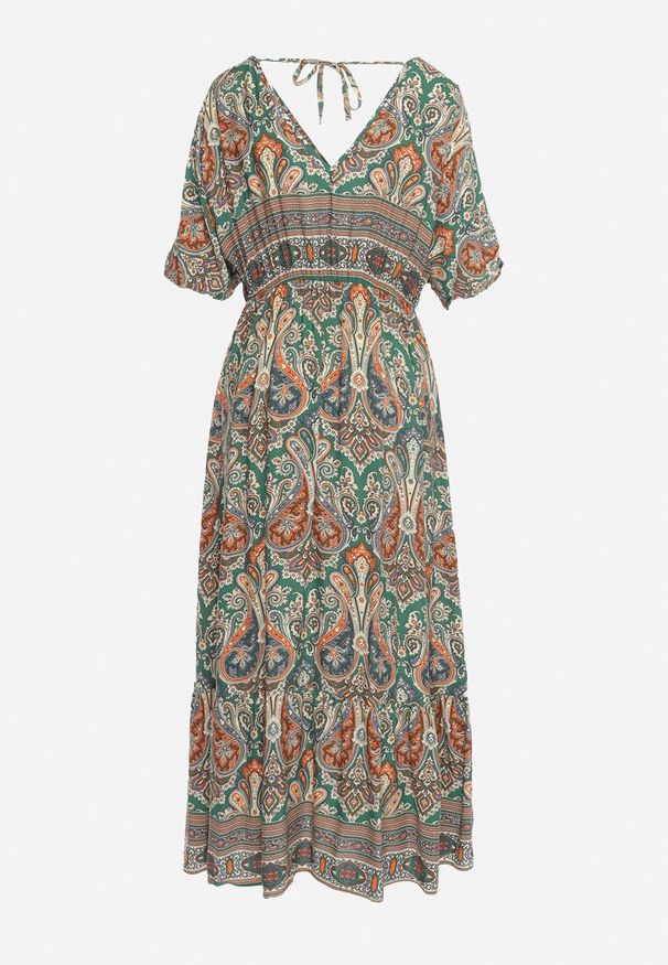 Born2be - Zielono-Brązowa Sukienka Maxi z Wiskozy w Stylu Boho z Wzorem Paisley i Gumką w Pasie Naroli. Okazja: na co dzień, na spacer. Typ kołnierza: dekolt w kształcie V. Kolor: zielony. Materiał: wiskoza. Wzór: paisley. Sezon: lato. Styl: boho. Długość: maxi