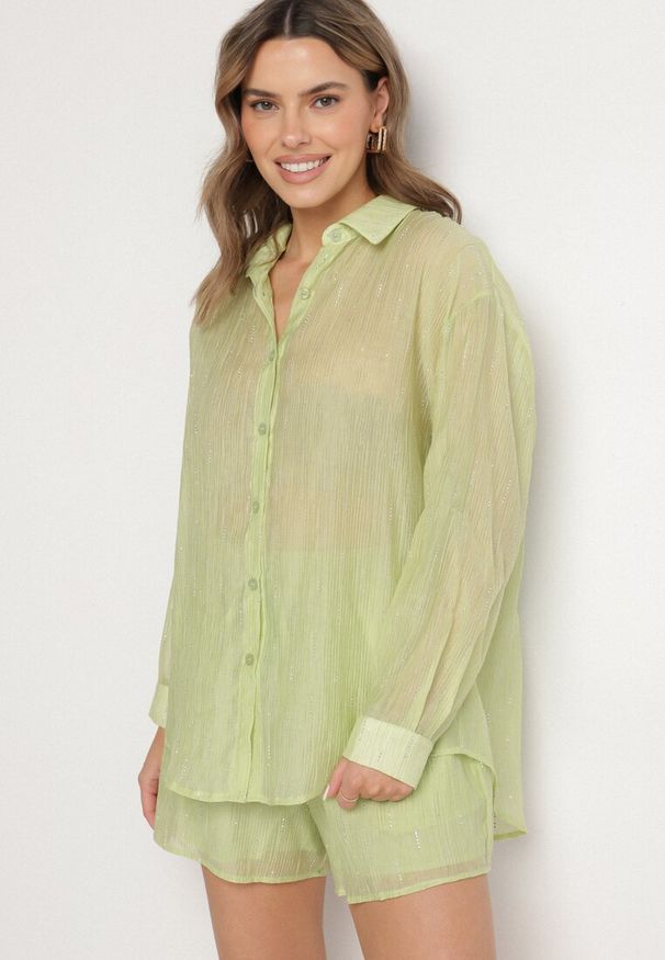 Born2be - Zielony Komplet Ozdobiony Cyrkoniami Koszula i Szorty Jenorenea. Kolor: zielony. Wzór: aplikacja