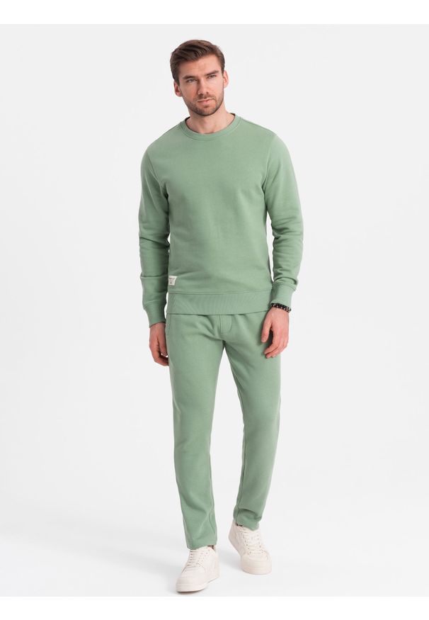 Ombre Clothing - Męski dresowy komplet spodnie + bluza – zielony V3. Okazja: na co dzień. Kolor: zielony. Materiał: dresówka. Wzór: jednolity, aplikacja. Styl: casual, klasyczny