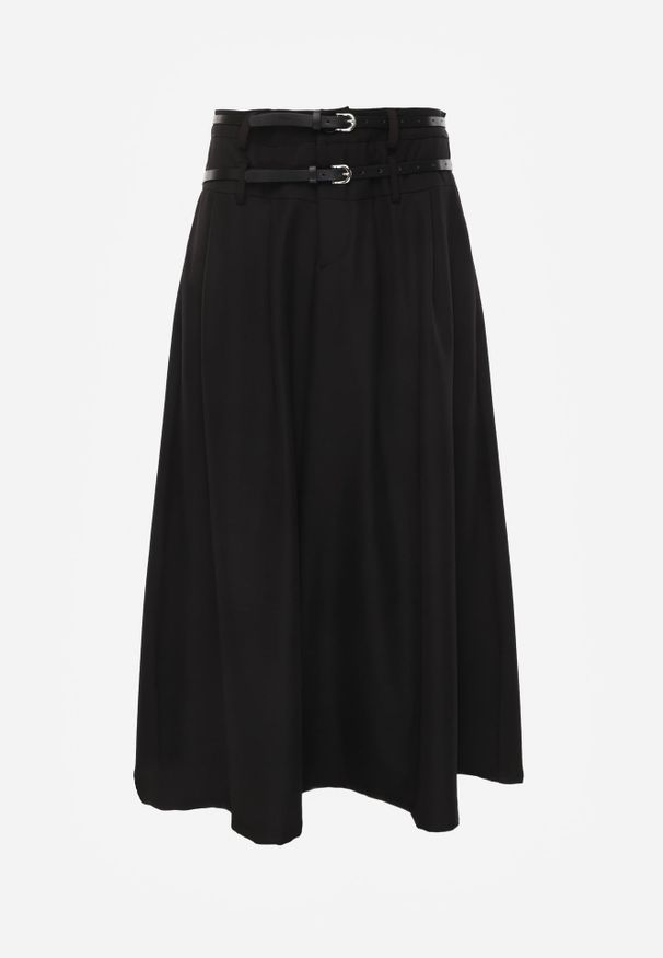 Renee - Czarna Rozkloszowana Spódnica w Stylu Preppy z Kieszeniami i Podwójnym Paskiem Doripla. Okazja: na co dzień. Kolekcja: plus size. Kolor: czarny. Długość: krótkie. Wzór: paski. Styl: elegancki, casual