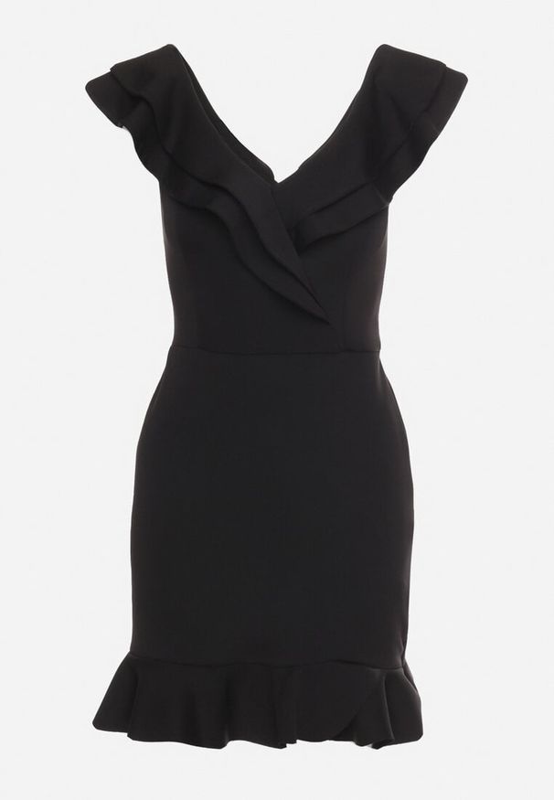 Born2be - Czarna Kopertowa Sukienka z Falbankami i Dekoltem w Serek Dlina. Okazja: na co dzień. Typ kołnierza: dekolt w serek, kołnierz z falbankami. Kolor: czarny. Długość rękawa: krótki rękaw. Wzór: aplikacja. Typ sukienki: kopertowe. Styl: elegancki, casual