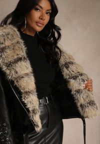 Renee - Czarna Kurtka Ramoneska z Kapturem z Futrem z Możliwością Odpięcia Aplinna. Okazja: na co dzień. Typ kołnierza: kaptur. Kolor: czarny. Materiał: futro. Styl: casual #5