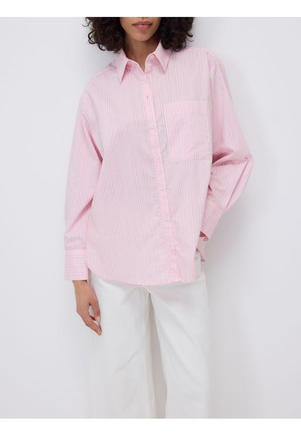 Reserved - Koszula w paski - pastelowy róż. Kolor: różowy. Materiał: bawełna, tkanina. Wzór: paski