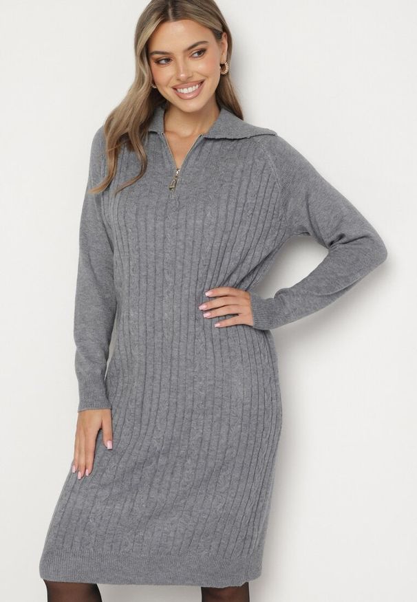 Born2be - Szara Sukienka z Bawełną i Wełną z Kołnierzykiem na Suwak Tereithra. Okazja: na co dzień, na spotkanie biznesowe. Kolor: szary. Materiał: wełna, bawełna. Typ sukienki: proste. Styl: wizytowy, casual, elegancki, biznesowy