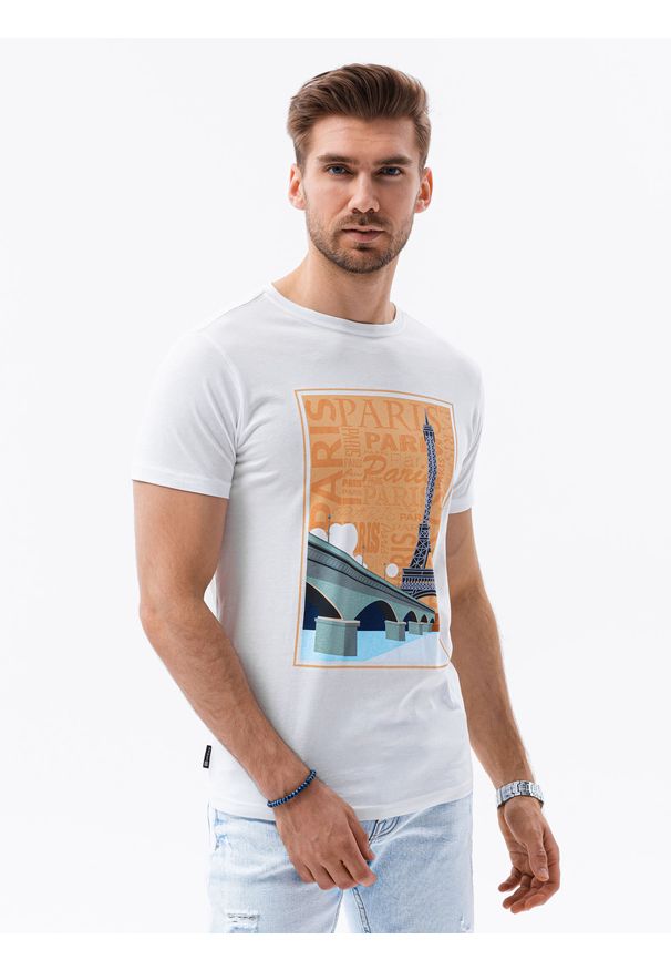Ombre Clothing - T-shirt męski z nadrukiem S1434 V-6A - biały - XXL. Kolor: biały. Materiał: bawełna. Wzór: nadruk. Styl: klasyczny
