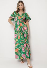 Born2be - Zielona Sukienka Maxi z Gumką w Talii z Szerokimi Rękawami i Kwiatowym Printem Nodriala. Okazja: na imprezę. Kolor: zielony. Wzór: nadruk, kwiaty. Sezon: lato. Długość: maxi #2