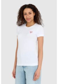 Guess - GUESS Biały damski t-shirt bawełniany Mini Triangle Tee, Rozmiar XS. Kolor: biały. Materiał: bawełna