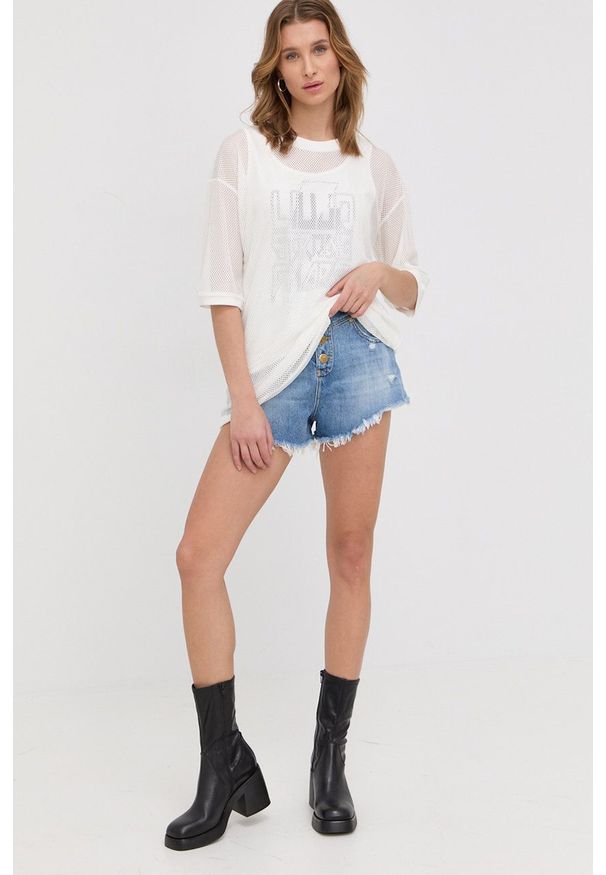 Liu Jo t-shirt damski kolor biały. Kolor: biały. Materiał: materiał. Długość rękawa: krótki rękaw. Długość: krótkie. Wzór: nadruk