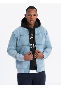 Ombre Clothing - Kurtka męska jeansowa bomberka z efektem stone wash – jasnoniebieska V3. Kolor: szary. Materiał: jeans. Styl: klasyczny, retro, sportowy