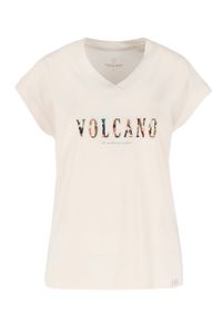 Volcano - Koszulka z dekoltem V, Comfort Fit, T-STROKE. Typ kołnierza: dekolt w serek. Kolor: beżowy. Materiał: materiał, bawełna, skóra. Wzór: nadruk, moro
