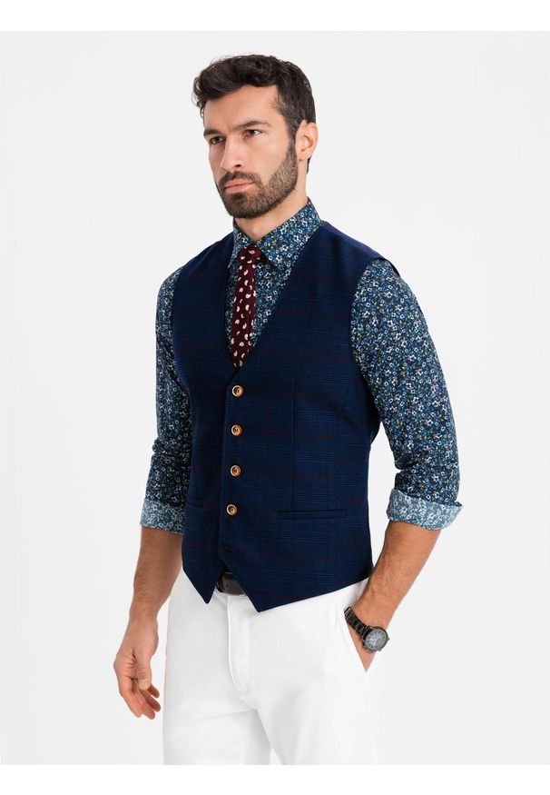 Ombre Clothing - Kamizelka męska bez klap w delikatną kratę - granatowa V1 - Rozmiar: L. Kolor: niebieski. Materiał: poliester, materiał. Wzór: gładki, aplikacja, kratka, jednolity