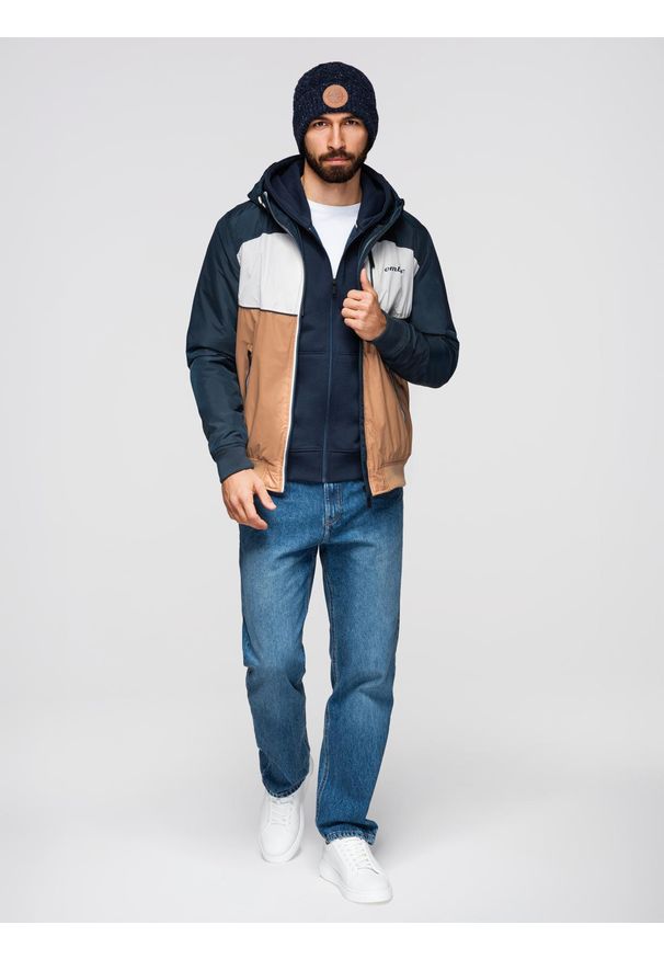 Ombre Clothing - Lekka kolorowa męska kurtka sportowa z polarem – brązowo-granatowa V1 - Rozmiar: XL. Typ kołnierza: kołnierzyk stójkowy. Kolor: biały. Materiał: polar. Wzór: kolorowy. Styl: sportowy