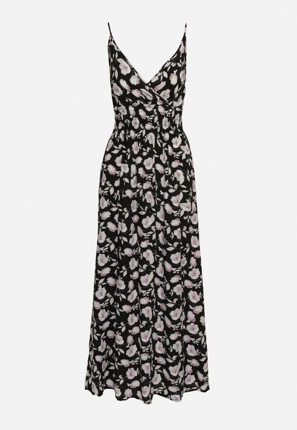 Born2be - Czarna Sukienka Bawełniana Rozkloszowana w Kwiatowy Print na Regulowanych Ramiączkach Rosapia. Typ kołnierza: dekolt w kształcie V. Kolor: czarny. Materiał: bawełna. Długość rękawa: na ramiączkach. Wzór: nadruk, kwiaty. Typ sukienki: rozkloszowane