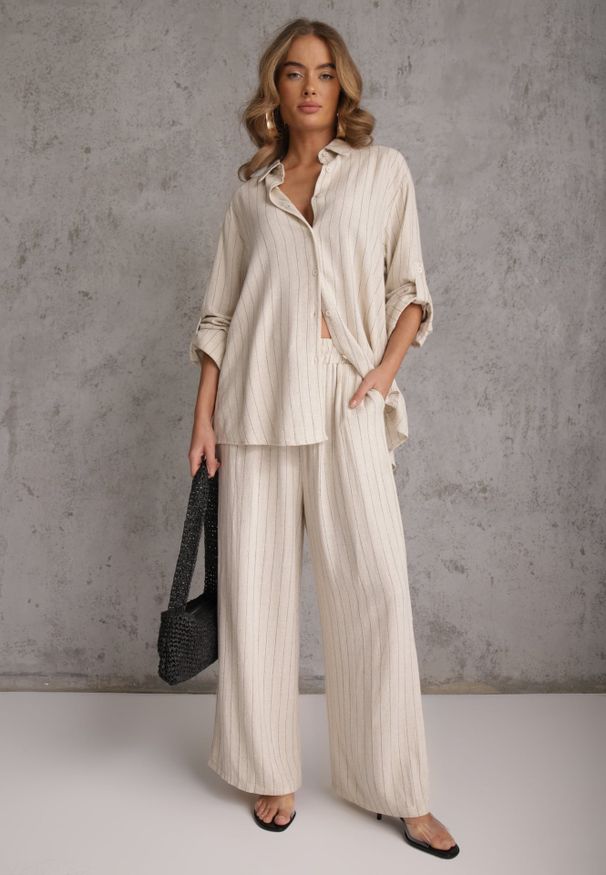 Renee - Jasnobeżowy Komplet z Wiskozy i Lnu w Delikatne Prążki Koszula i Spodnie Wide Leg Cliffesa. Kolor: beżowy. Materiał: wiskoza, len. Wzór: prążki