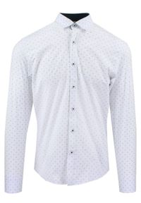 Męska Koszula, Taliowana (Slim Fit) - Rigon - Biała w Drobny Wzór. Okazja: do pracy, na spotkanie biznesowe. Kolor: biały. Materiał: bawełna, poliester, elastan. Długość rękawa: długi rękaw. Długość: długie. Styl: wizytowy, elegancki, biznesowy #1