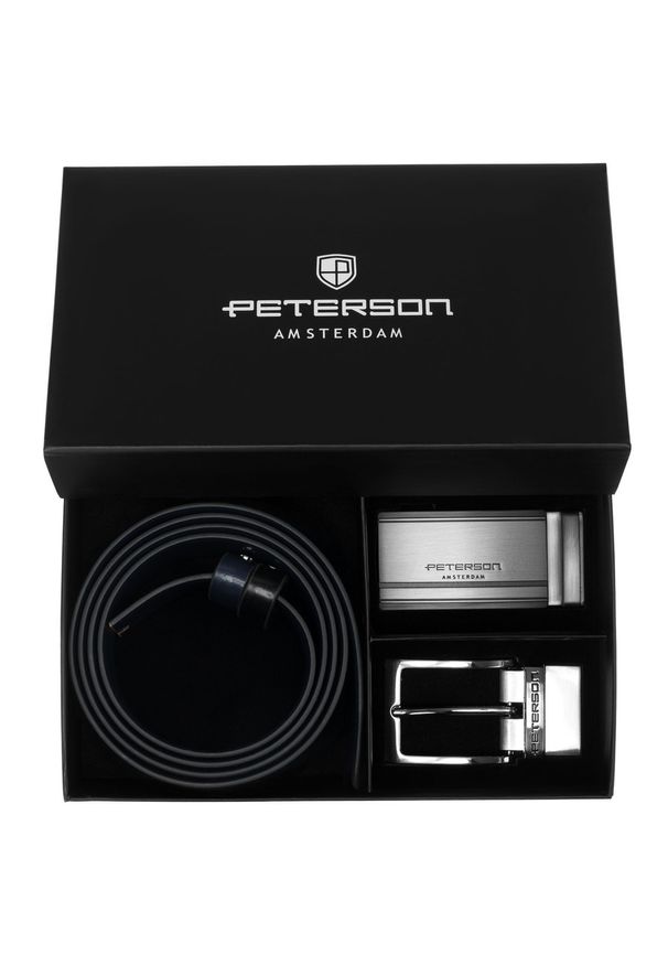 Zestaw prezentowy: dwustronny pasek skórzany w granatowym i czarnym kolorze Peterson PTN KL-B006S001 N. Kolor: czarny, niebieski, wielokolorowy. Materiał: skóra. Styl: elegancki
