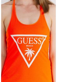 Guess - GUESS Pomarańczowa neonowa sukienka damska z trójkątnym logo na ramiączka, Rozmiar XS. Kolor: pomarańczowy. Materiał: poliester. Długość rękawa: na ramiączkach. Wzór: nadruk