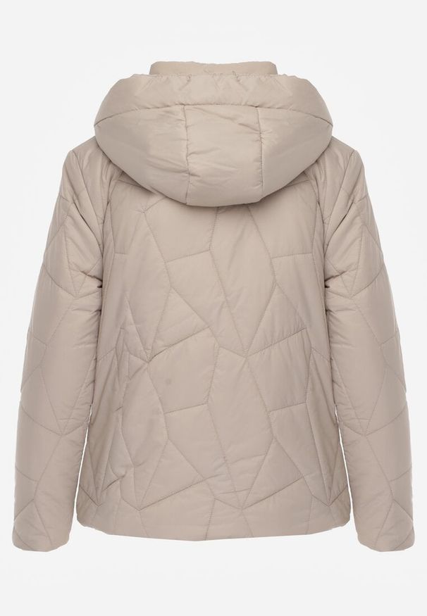 Renee - Ciemnobeżowa Przejściowa Kurtka z Kapturem Ozdobiona Pikowaniem Ninariela. Okazja: na co dzień. Typ kołnierza: kaptur. Kolor: beżowy. Materiał: jeans. Wzór: aplikacja. Styl: casual, sportowy