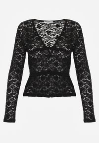 Renee - Czarna Bluzka Longsleeve z Koronki z Dekoltem w Kształcie Litery V Lerafera. Typ kołnierza: dekolt w kształcie V. Kolor: czarny. Materiał: koronka. Długość rękawa: długi rękaw. Wzór: koronka. Styl: rockowy #7