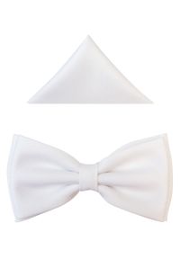 Modini - Biała szeroka mucha męska z poszetką B50. Kolor: biały. Materiał: poliester, tkanina. Styl: elegancki #1